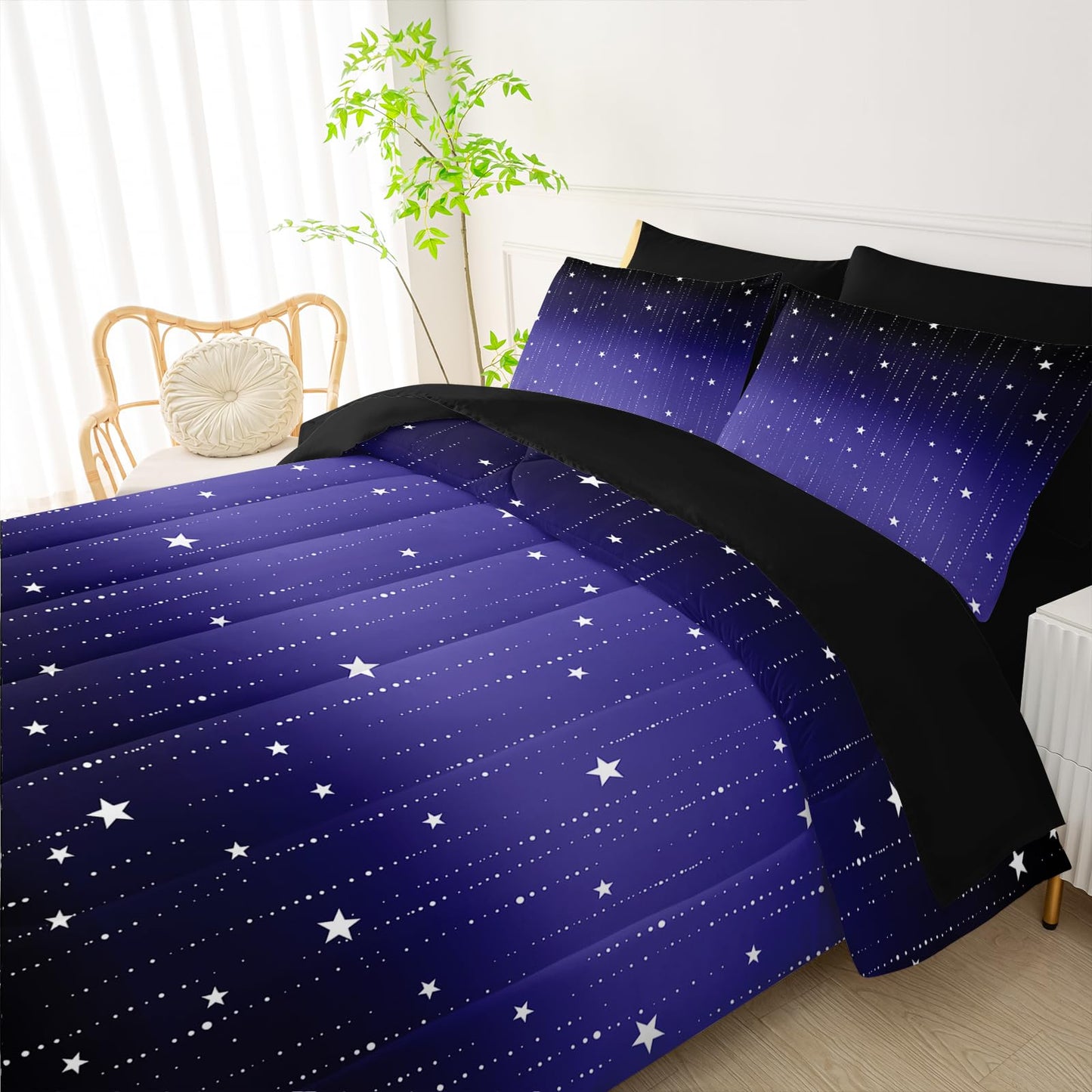 QOOMO Blue Galaxy 7 Pieces Comforter Set Queen Size,Starry Sky Bedding Set for Kids Teens Boys-Include 1 Comforter,1 Fitted Sheet,1 Flat Sheet,2 Printing Pillowcases and 2 Black Pillowcases