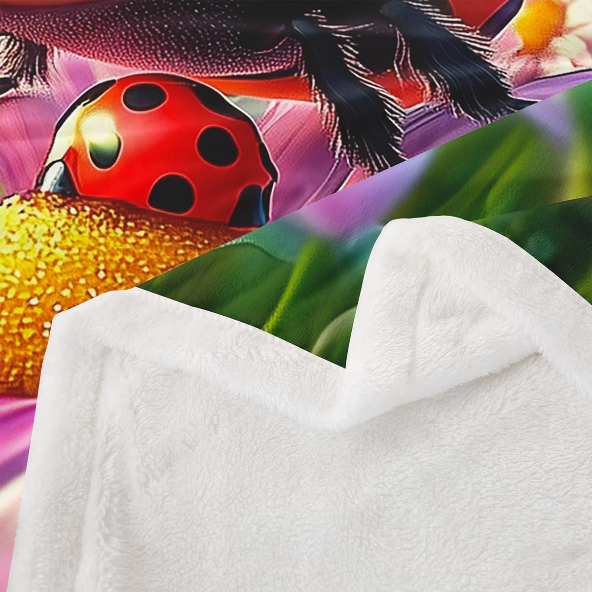 Erosebridal Ladybug Kids Fleece Blankets Cute Kawaii Animal Throw 50"X60" Throw Bed Blanket for Girls Boys,Pink Flowers Ladybird Sherpa Blankets Plants Floral Rustic Ladybug Flannel Blanket