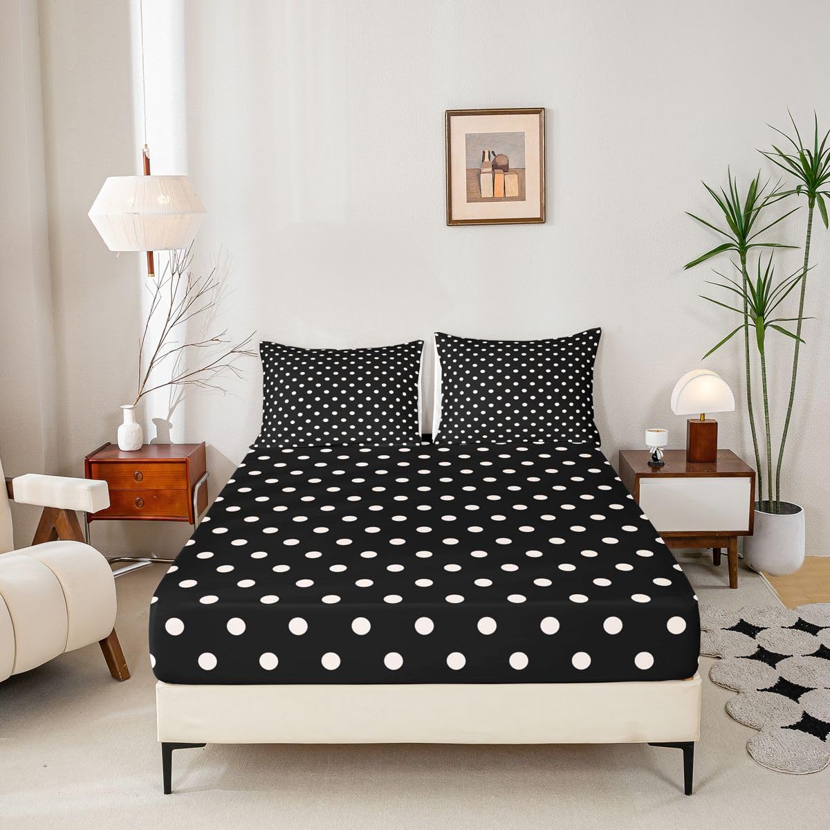 jejeloiu Black White Polka Dot Fitted Sheet Full Size for Kids Boys Girls Retro Cute Polka Dot Bed Sheets Set 16" Deep Pocket Soft Breathable Geometric Bedding with 2 Pillowcases Luxury Room Decor