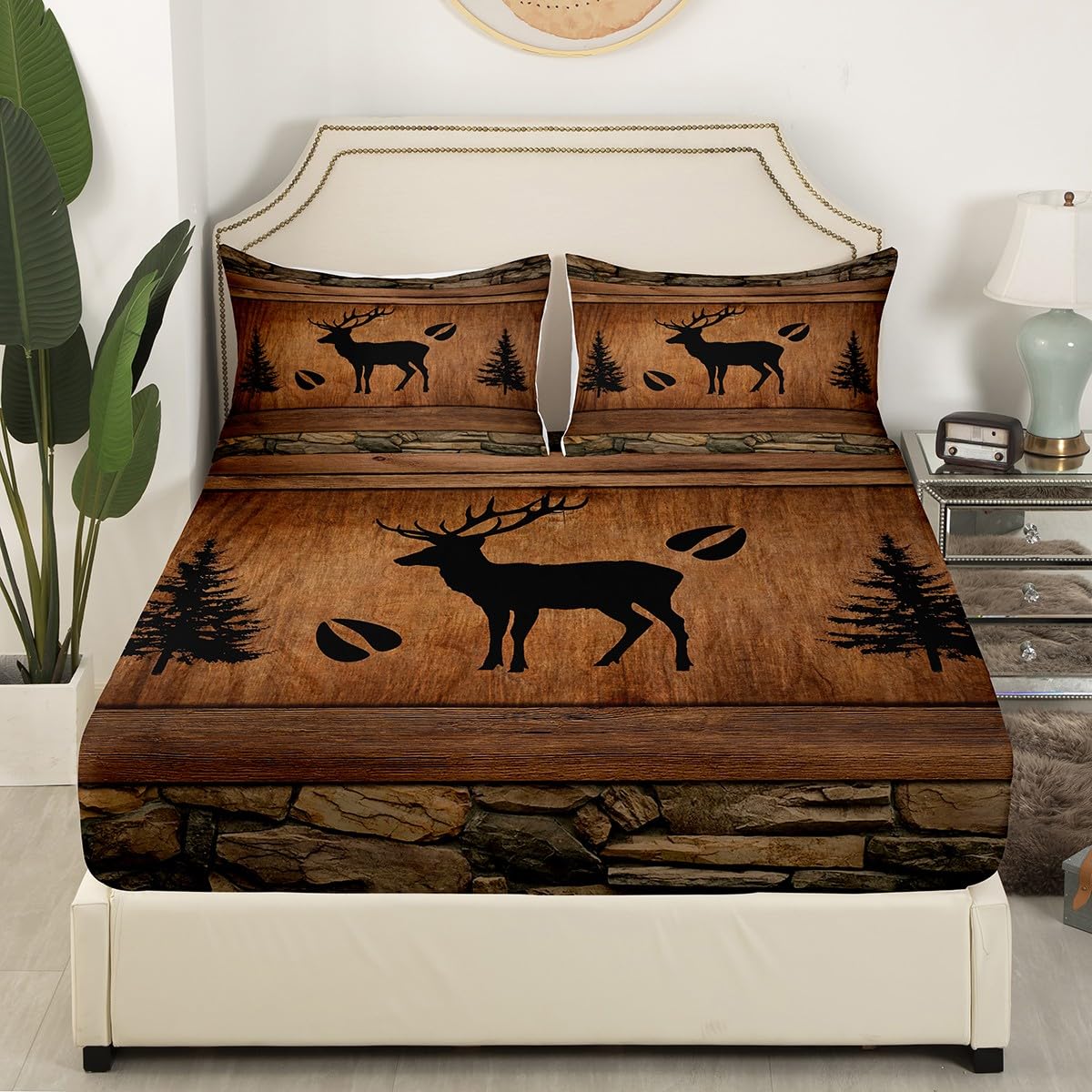 Manfei Rustic Deer Fitted Sheet Twin Size, Black Tree Deer Paw Print Bed Cover with 1 Pillowcase, Brwon Wooden Plank Bedding Set 2pcs for Kids Boy Room Decor, Soft Polyester Bedding