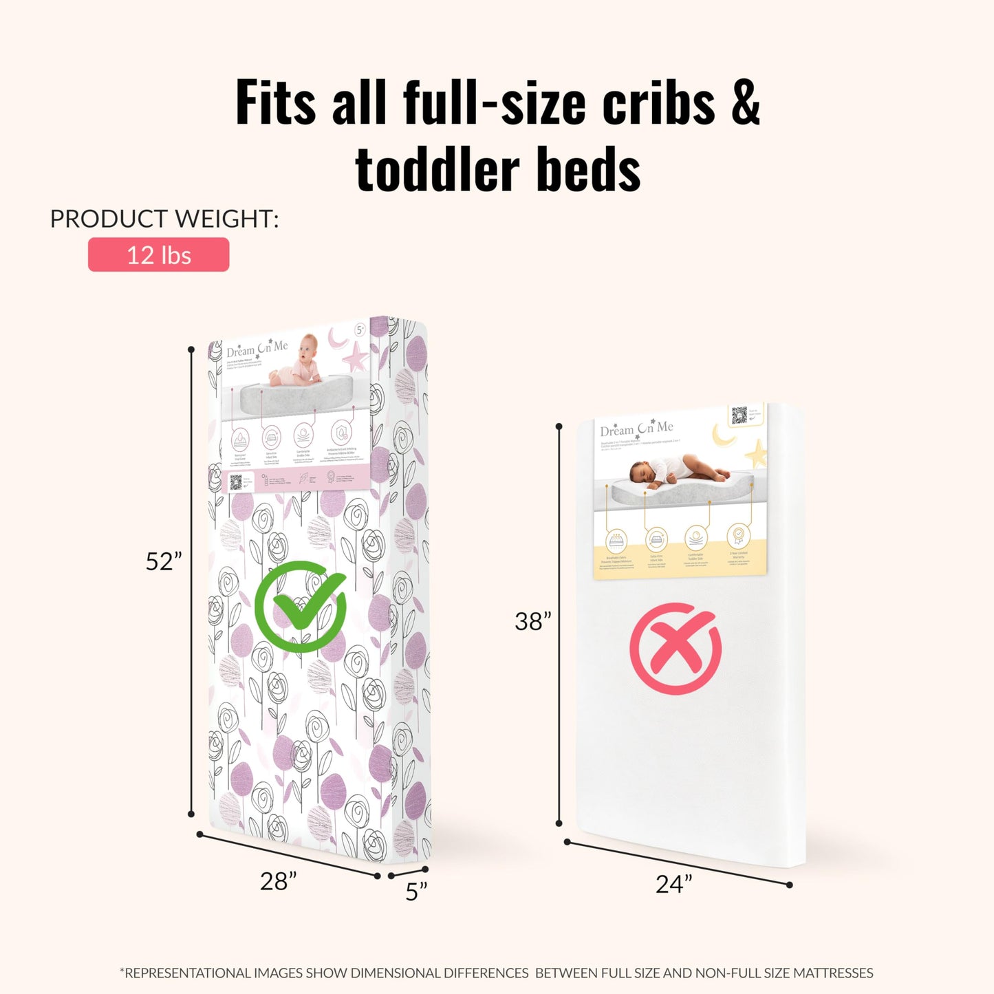 Dream On Me Floral Dreams 2-in-1 Crib Mattress, Dual-Sided for Infants & Toddlers, Waterproof Cover, GREENGUARD Gold Certified, Fits Full Size Crib & Toddler Bed, 52” x 28” x 5”