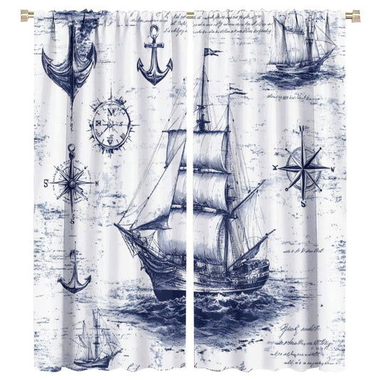 TOWINSFB Medieval Pirate Ship Blackout Curtains for Living Room Bedroom, Vintage Nautical Sailboat Compass Window Curtains Rod Pocket Thermal Insulated Window Drapes, 2 Panels, Each 21W x 45L