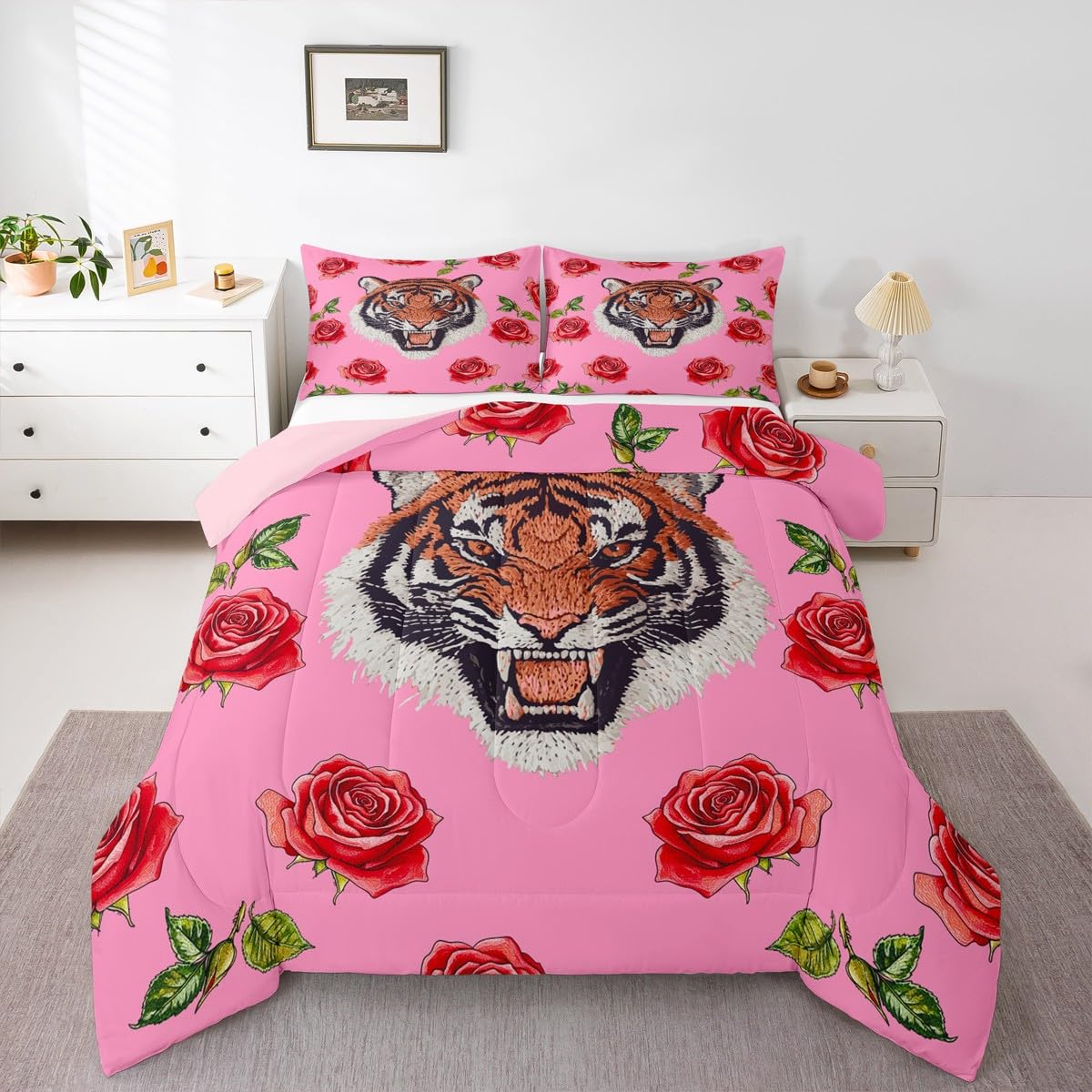 Erosebridal Tiger Comforter Set Twin Size Kawaii Wildlife Bedding Set for Kids Girls BoysSafari Jungle Animal Comforter Pink Roses Flowers Quilt Bedroom Decor