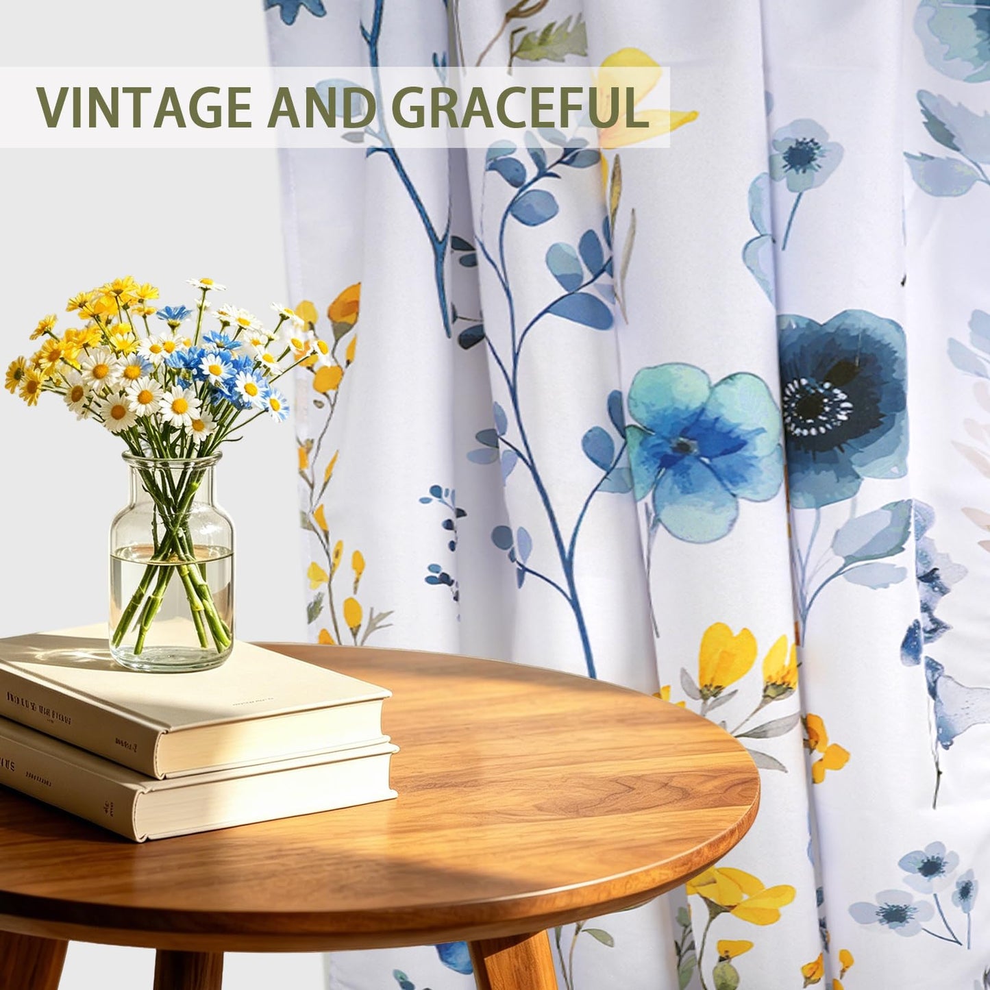 WTQPLNMCB Floral Curtains 84 inch Curtains 2 Panel Set for Living Room Yellow and Blue Darkening Light Blocking Drapes Grommet for Bedroom Bathroom