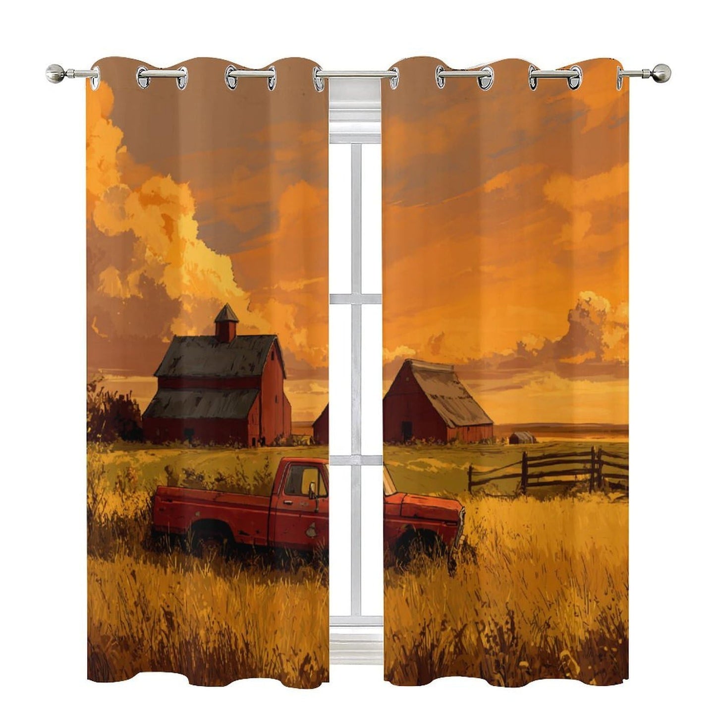 NAQSKQF Farmhouse Red Truck Barn Sunset Blackout Curtains, Grommet Thermal Insulated Window Drapes, Vintage Wheat Cloud Fence Print for Bedroom Living Room, 21W x 45L Per Panel, Set of 2 Panels
