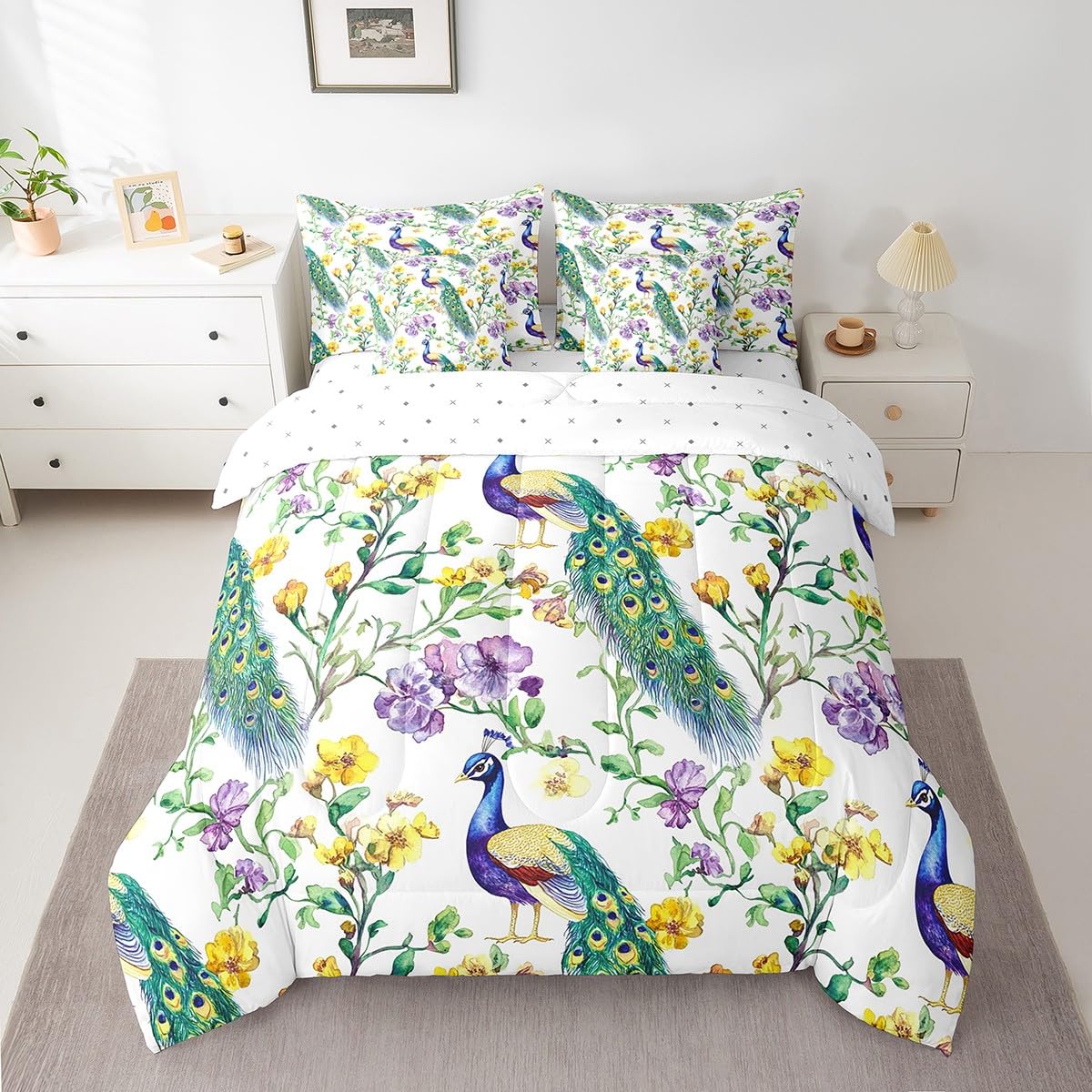 jejeloiu Peacock Comforter Set 7 Pieces Full Size Kids Floral Flower Bed in a Bag for Boys Girls Royal Peacock Bird Bedding Set Green,Comforter + Sheets + Pillowcases + Cushion Covers