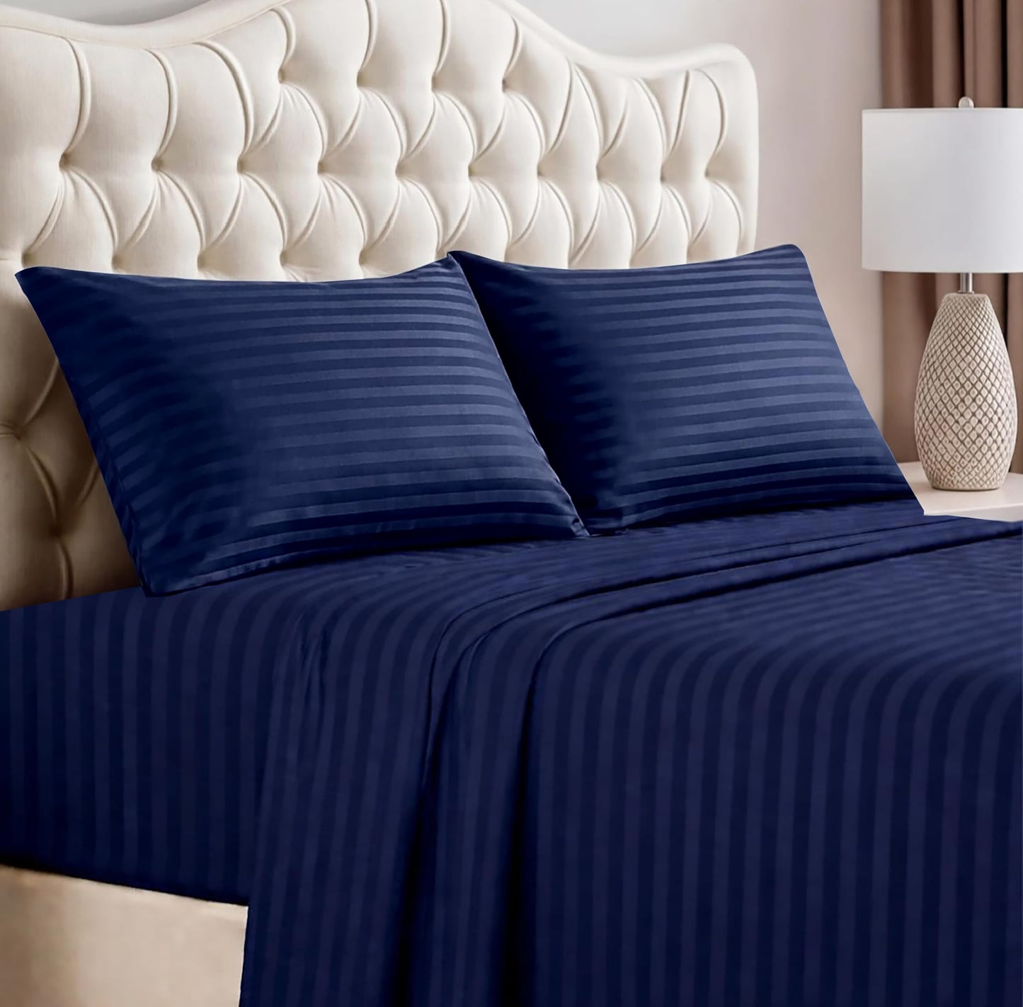 SHAC HOMES King Sheet Set 4 Piece – Oeko-TEX Certified, Soft Brushed Microfiber, Deep Pocket 8"–12", Wrinkle & Fade Resistant, Breathable Cooling Sheets, Hotel Dobby Stripe – Navy Blue