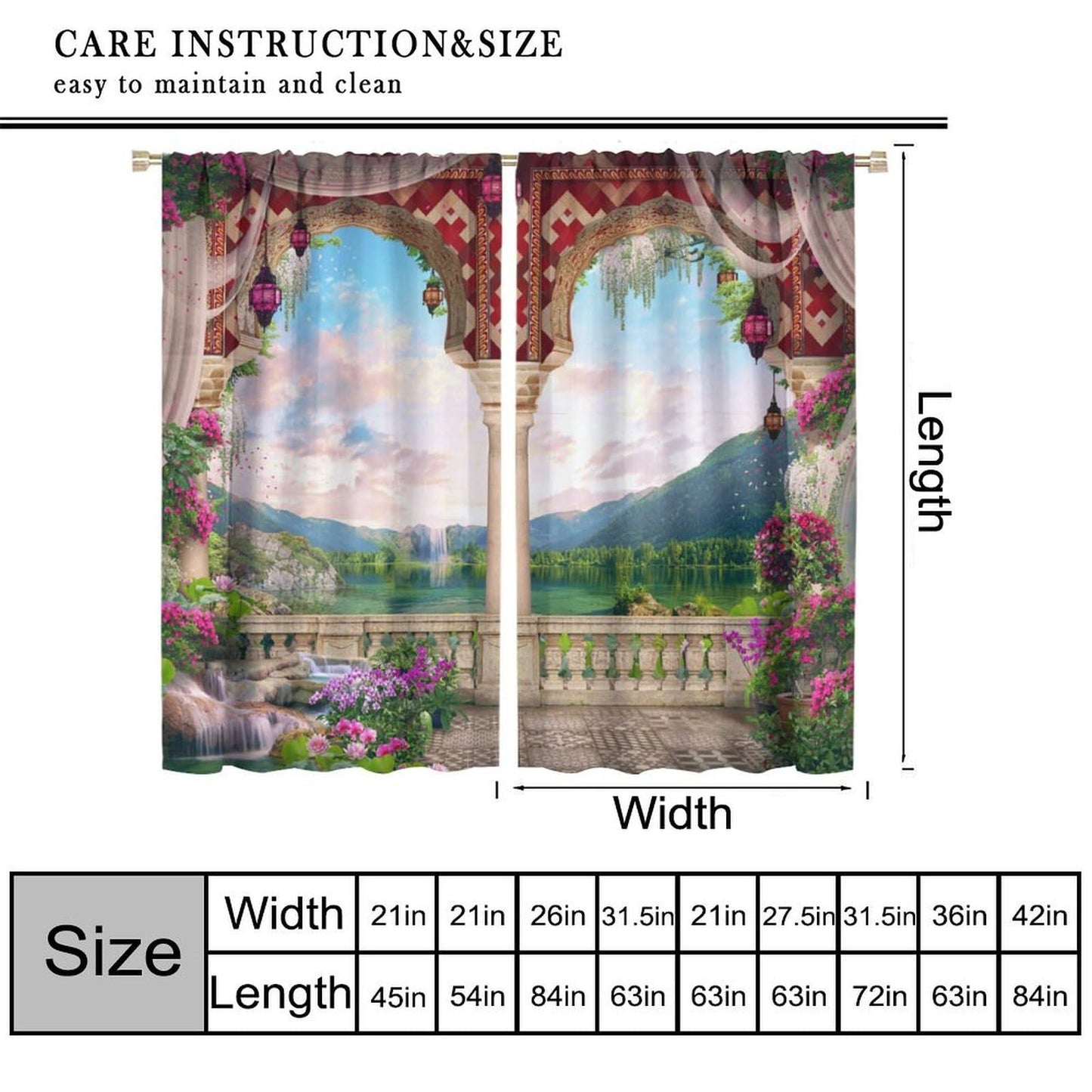 Italian Landscape Curtains for Kitchen Garden Waterfall Lake Nature Scenery Print Pattern Decorative Window Treatments for Bedroom Living Room Bathroom 41x44.5in（No Blackout）