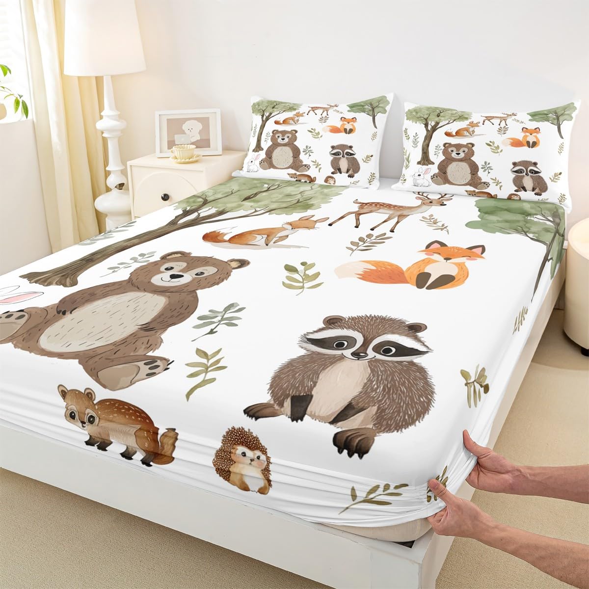 jejeloiu Woodland Animals Bedding Sheets Queen Size Bear Fox Bed Sheet Set for Kids Boys Girls Neutral Theme Fitted Sheet Forest Animal Bed Cover 3Pcs,1 Fitted Sheet+2 Pillow Sham（No Flat Sheet）
