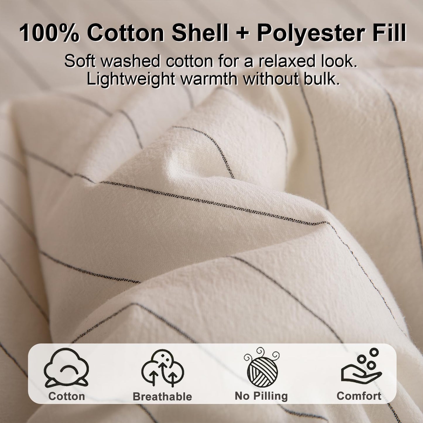 LLanCL Cotton Stripe Comforter Set Queen Size,100% Cotton Cover with Polyester Fill,Ultra Soft,Breathable,Lightweight Bedding for All Seasons,1 Comforter 90"x90" & 2 Pillow Shams 20"x26"(White)