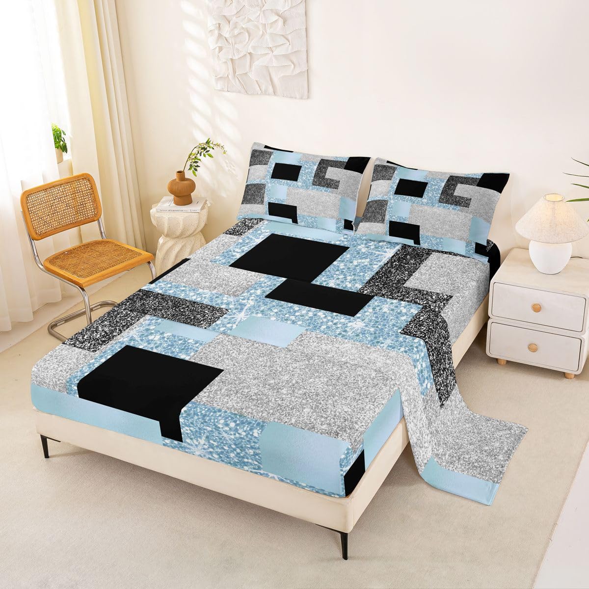 Feelyou Modern Abstract Bed Sheets Set Queen Size Geometric Aesthetic Bed Set for Kids Boys Girls Blue Glitter Deep Pocket Fitted Sheet Breathable Soft Lightweight Microfiber