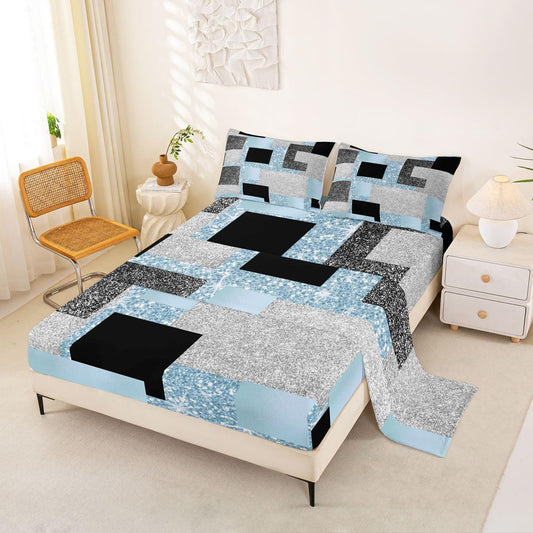 Feelyou Modern Abstract Bed Sheets Set Queen Size Geometric Aesthetic Bed Set for Kids Boys Girls Blue Glitter Deep Pocket Fitted Sheet Breathable Soft Lightweight Microfiber