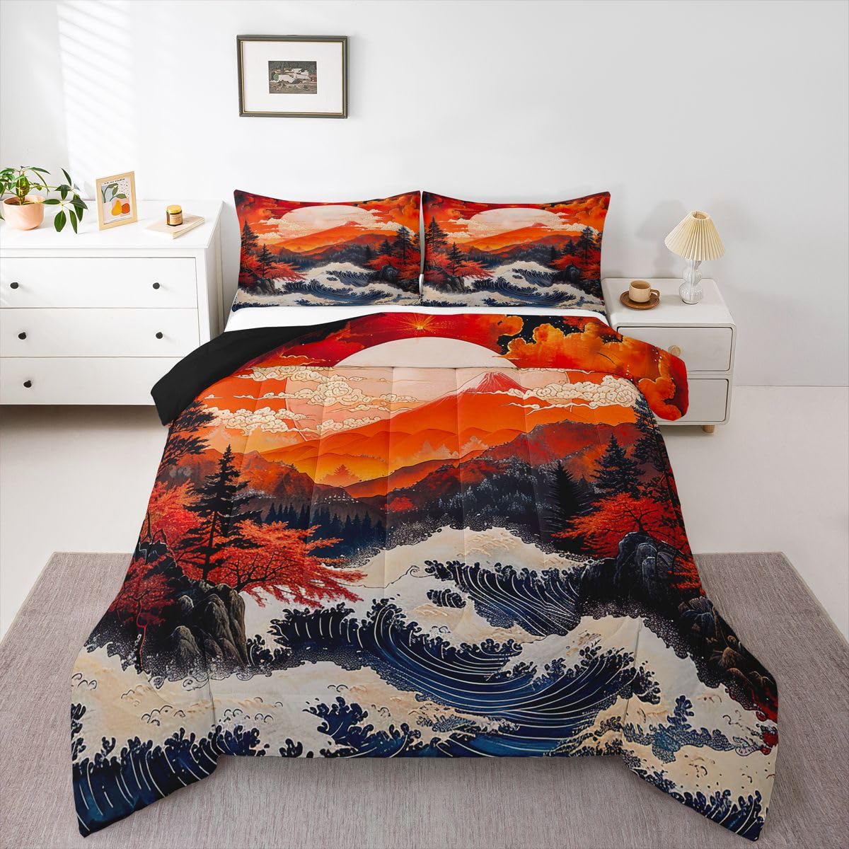 jejeloiu Wave Comforter Set All Season Red Sun Bedding Set with 2 Pillow Cases Japanese Style Microfiber Kids Queen Bedclothes Ocean Wave Bedroom Decor Duvet Quilt Breathable Soft Lightweight