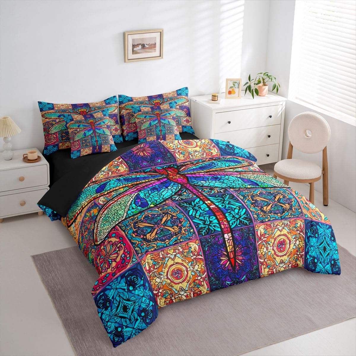Erosebridal Dragonfly Bed in a Bag Queen Comforter Set 7 Piece | Rainbow Mandala Bedding Sets Exotic Bohemian Flower Comforter and Sheet Set, Colorful Medallion Nordic Damask Bed Sets