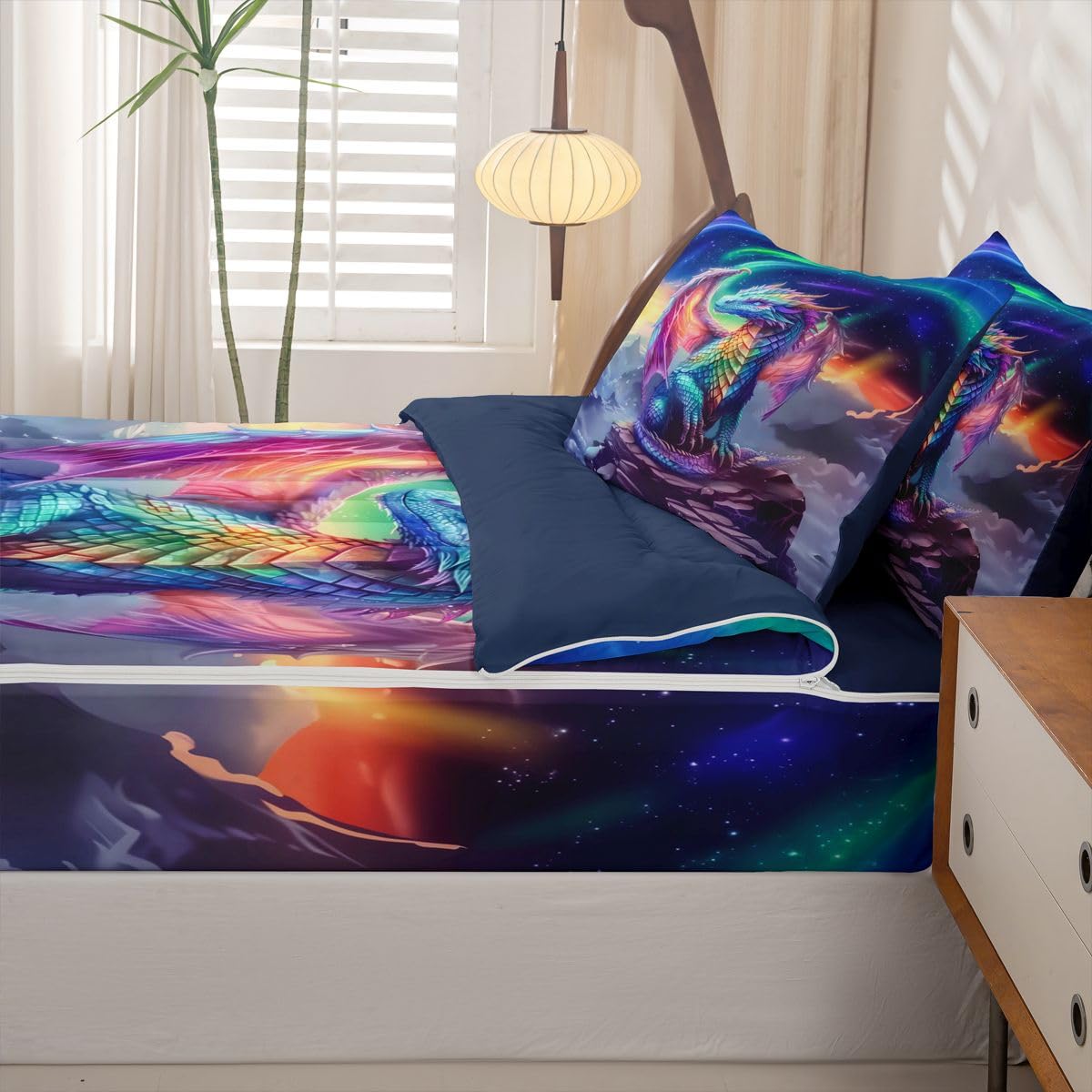 jejeloiu Flying Dragon Zipper Bedding for Kids Outer Space Galaxy Twin Comforter Set with Fitted Sheet 2 Pillowcases Aesthetic Aurora Bed in a Bag Fantasy Animal Soft Lightweight Microfiber