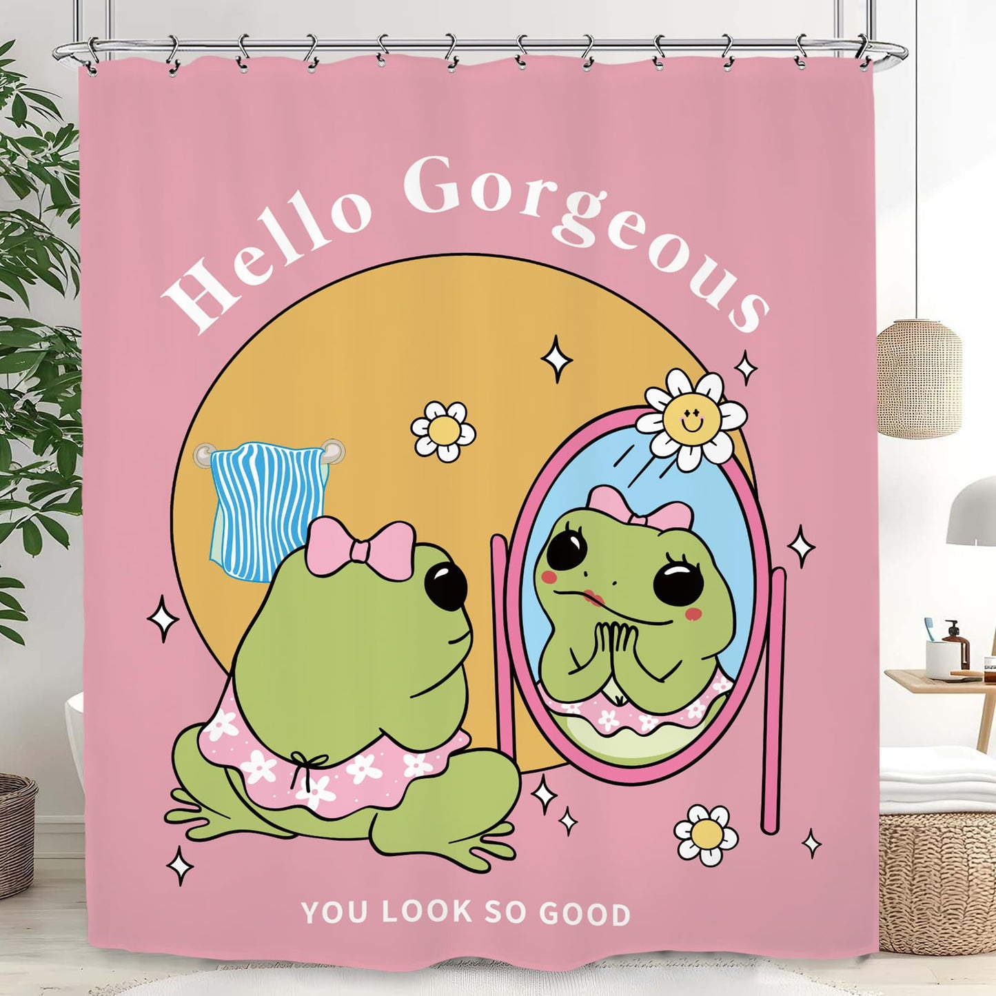 Kalmico Funny Frog Girl Self Love Shower Curtain 60Wx72L Inch Cute Hello Gorgeous Animal Hilarious Lovely Kids Pink Y2K Bathroom Set Accessories Decor with 12 Pack Hooks
