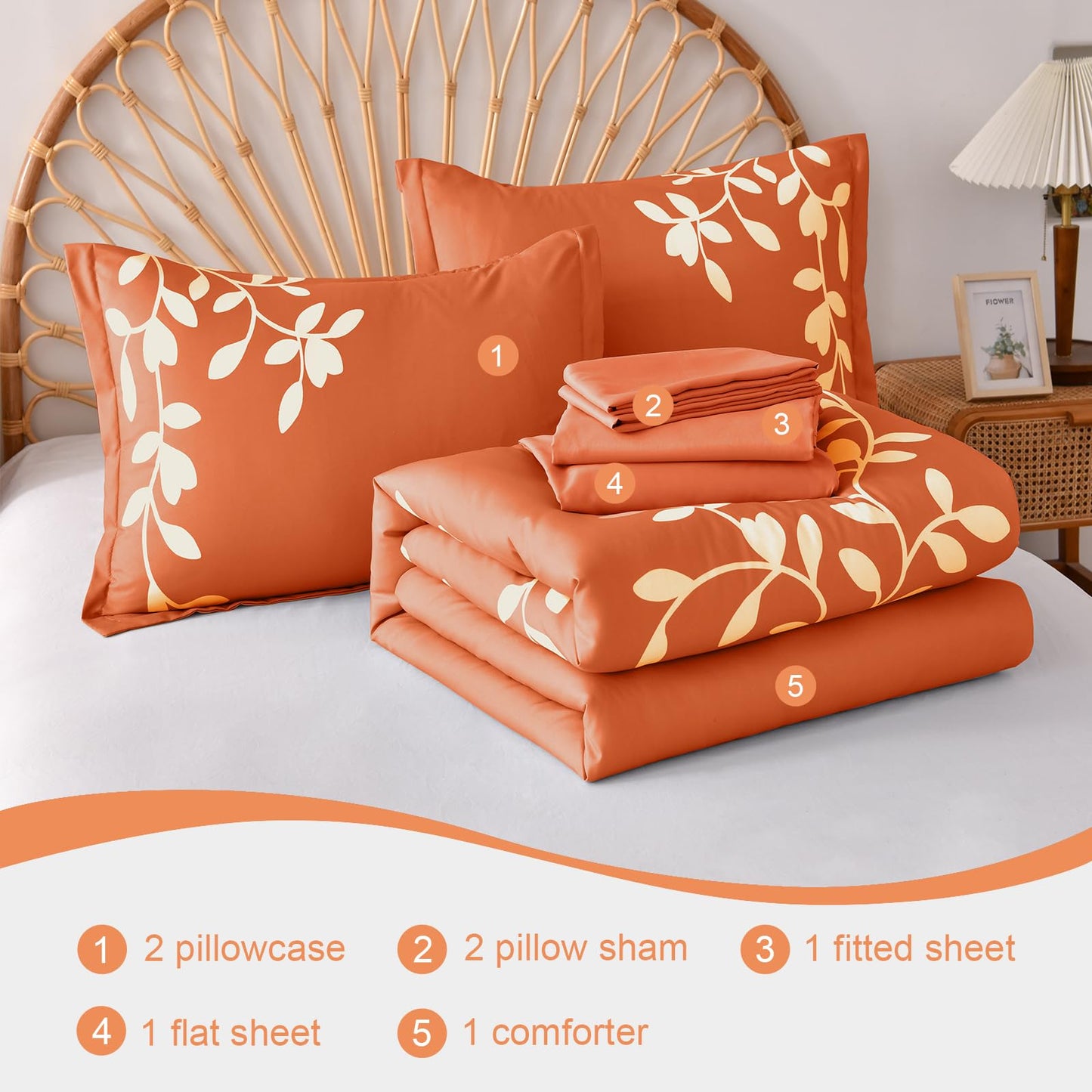 METAHOTS King Size Comforter Set - 7 Pieces Floral Botanical Printed on Orange King Comforter Set with Sheets, Fall Soft Lightweight Microfiber Bedding Set for All Season(104"X90")