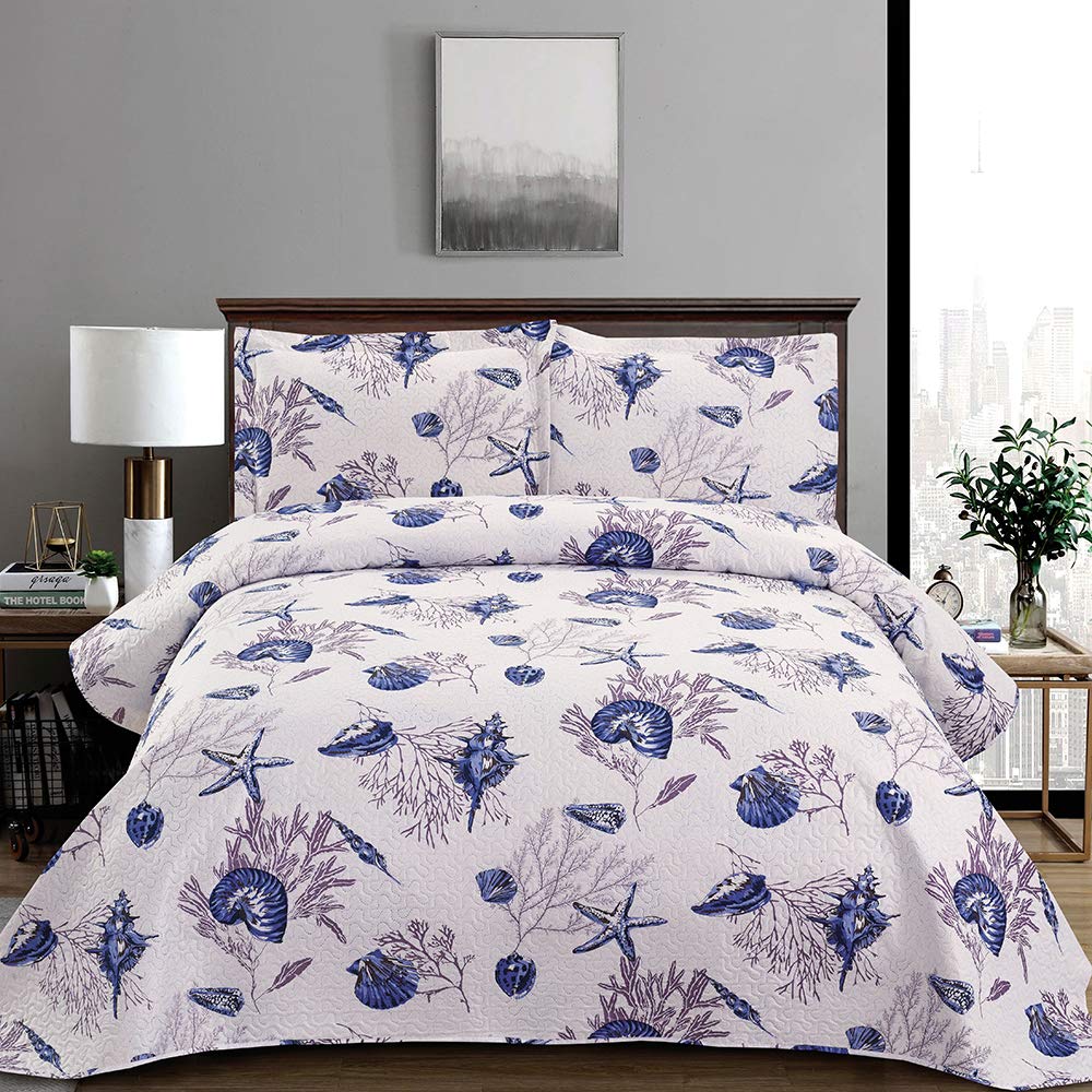 King Size Beach Quilt Set - Lightweight Reversible Quilt, Bedspread & Coverlet - Coastal Ocean Bedding - Starfish & Conch Shell Home Decor - Blue