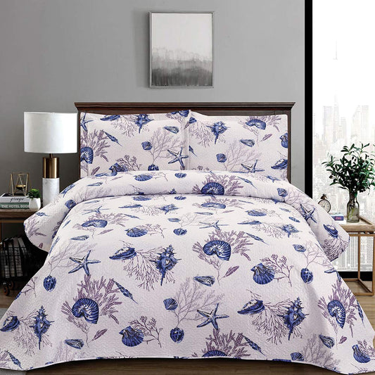 King Size Beach Quilt Set - Lightweight Reversible Quilt, Bedspread & Coverlet - Coastal Ocean Bedding - Starfish & Conch Shell Home Decor - Blue