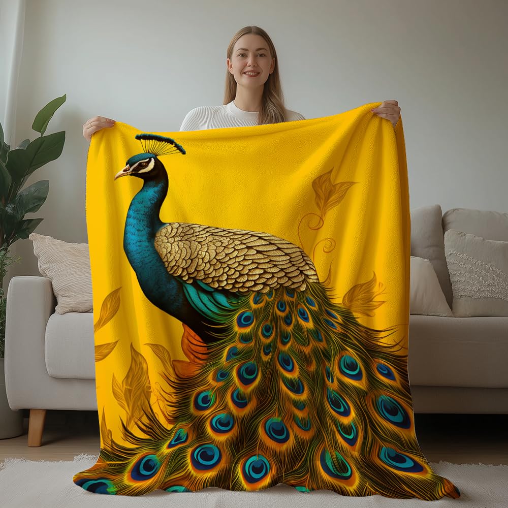 HUNXIAOJ Peacock Throw Blanket for Couch Peacock Themed Decor Animal Print Blanket King Size Soft Warm Flannel for Sofa Bed (50 in x 60 in)