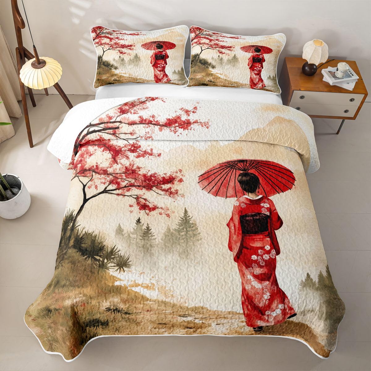 Erosebridal Geisha Quilts Twin Size - Japanese Geisha with Umbrella Bedspread Coverlet Set, Red Cherry Blossoms Quilt Coverlets 2Pcs (Only 1 Pillowcase)