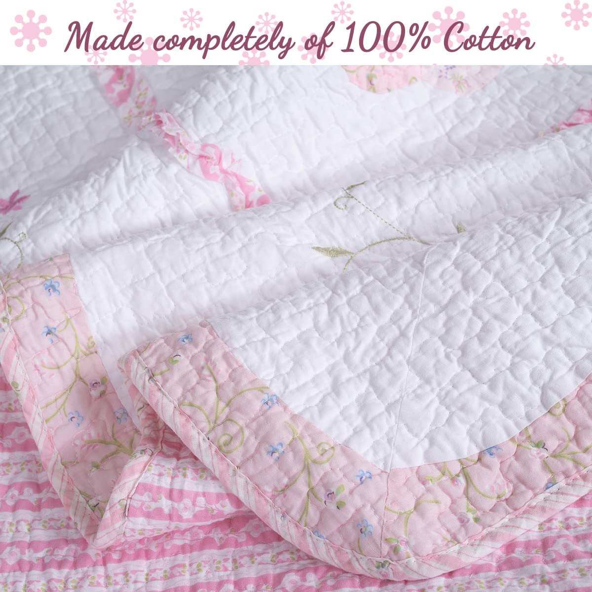 Cozy Line Home Fashions 100% Cotton Real Patchwork Pink Flora Dresden Plate Reversible Quilt Bedding Set, Coverlet, Bedspread (Daisy Field, Queen - 3 Piece)