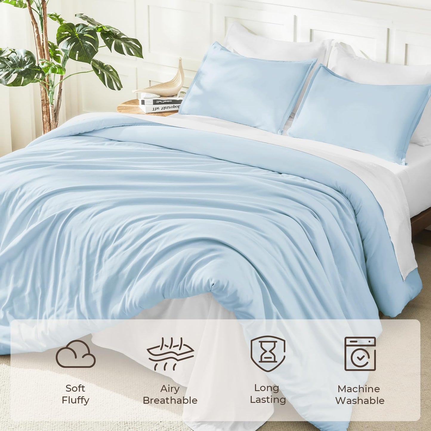 Litanika Comforters Light Blue King Size, 3 Pieces Lightweight Solid Bedding Comforter Set, All Season Fluffy Bed Set (104x90In Comforter & 2 Pillowcases)