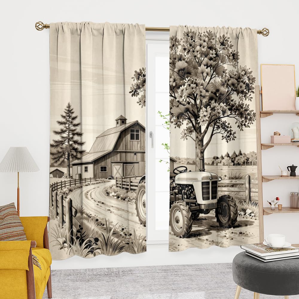 KuracleGH Rustic 70s Farm Tractor Curtains-Vintage Western Farmhouse Old Truck Rod Pocket Back Tab Window Drapes,Cabin Harvester Barn Thermal Insulated Blackout Curtain,2pcs,Each 21“W x 45”L