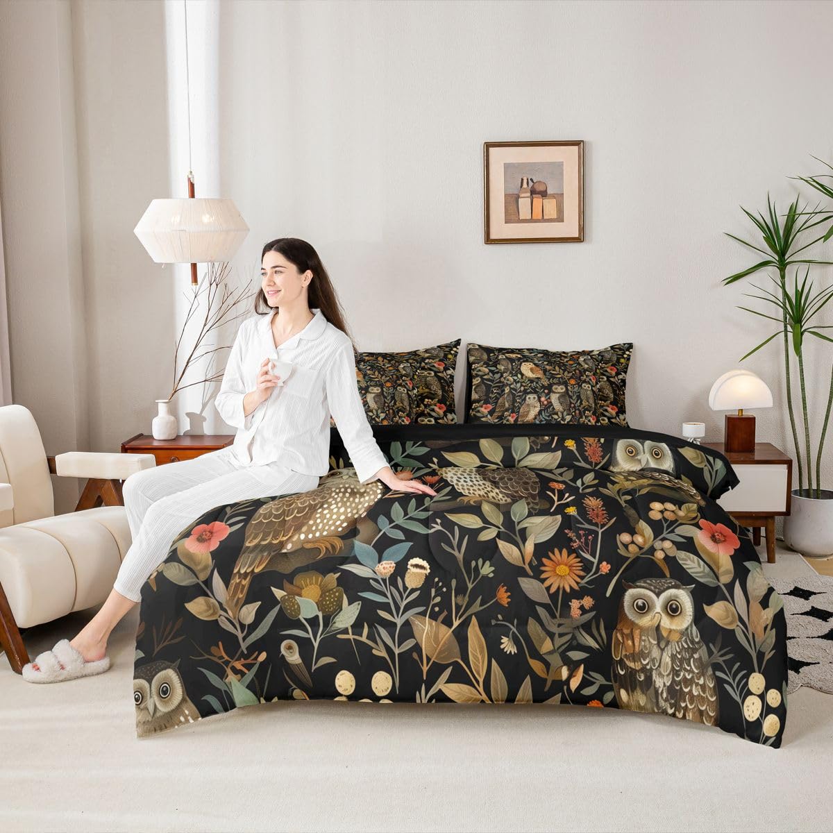 Erosebridal Kawaii Owl Queen Comforter Set 7 Pieces,Black and Brown Bed in A Bag,Wild Anima Bedding Set with Comforters, Sheets, Pillowcases Cute Bird Bedroom Decor