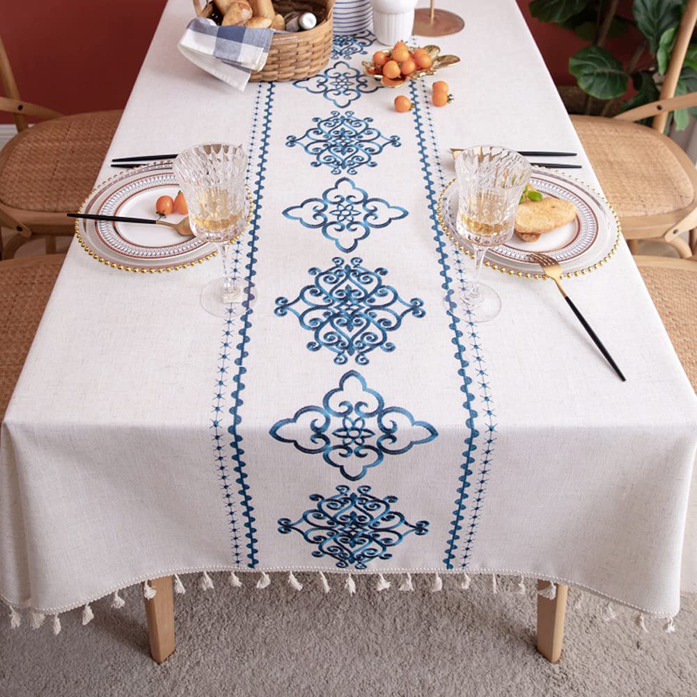 AMZALI Table Cloth Embroidery Damask Pattern Wrinkle Free Heavy Weight Cotton Linen Farmhouse Tablecloth Decorative Fabric Tassel Table Cover for Outdoor and Indoor Use (Rectangle,55 x 102 Inch)