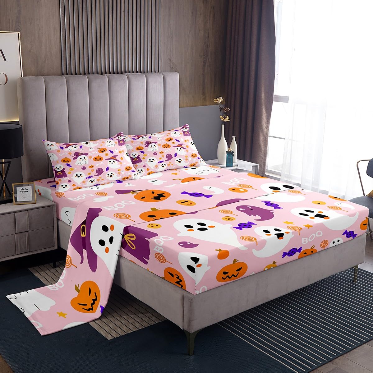 Feelyou Kids Cartoon Halloween Fitted Sheet Cute Ghost Pumpkin Sheets Set for Child Boys Girls Pink Purple Full Size Bedding Set Decoration Kawaii Bed Sheet Set Collection
