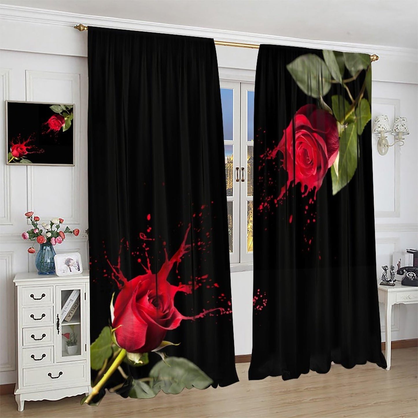 GoDazzling Rustic Romantic Red Rose Curtains, Vintage Floral Leaves Rod Pocket Window Drapes, for Bedroom Living Room 41" W X 45" L (No Blackout)