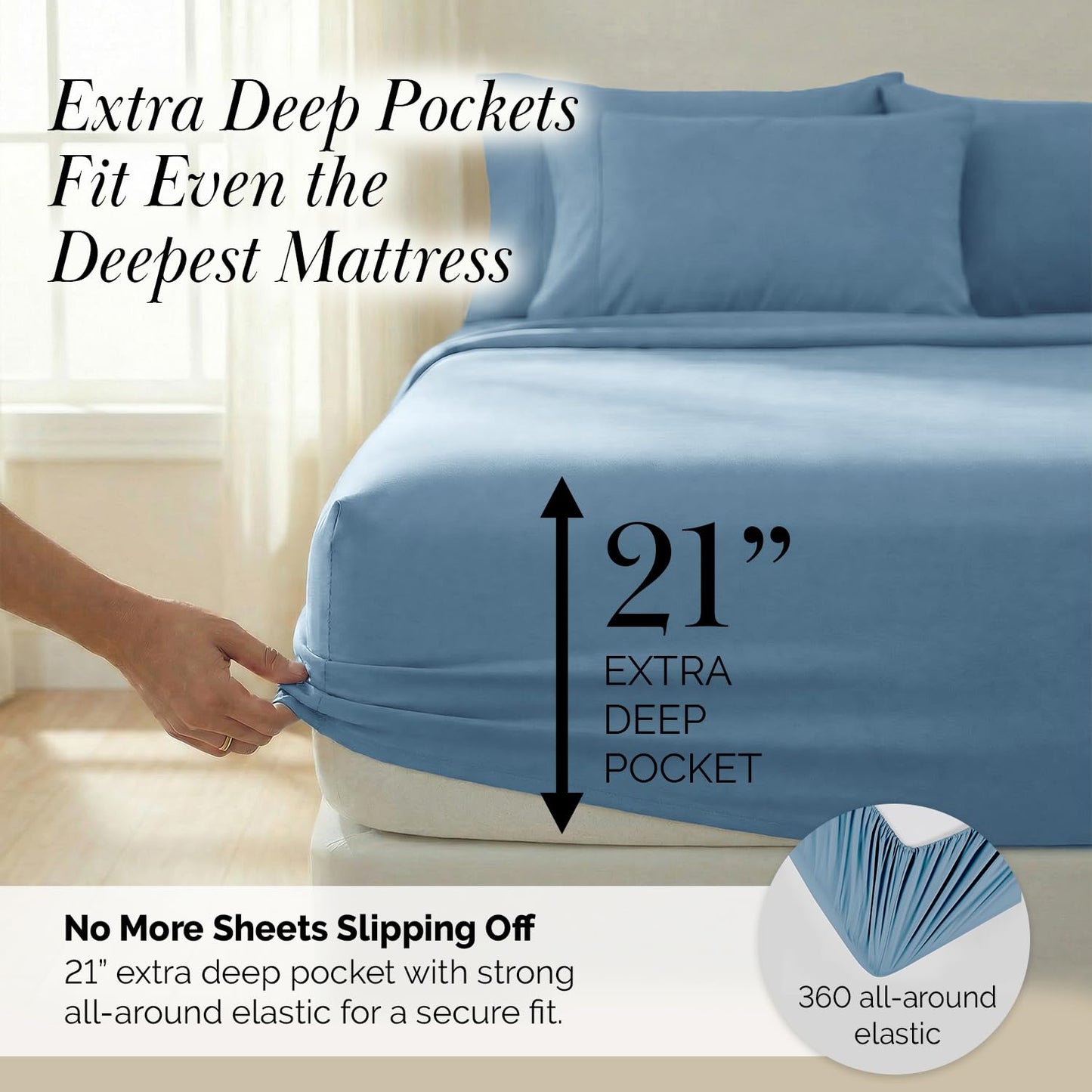 Southshore Fine Living, Inc. 6 Piece, 21 Inch King Size Sheets Set Deep Pockets - Wrinkle Resistant Bedding, Extra Deep Pocket King Sheet Set 78"x80" Hotel Style Breathable Microfiber - Coronet Blue