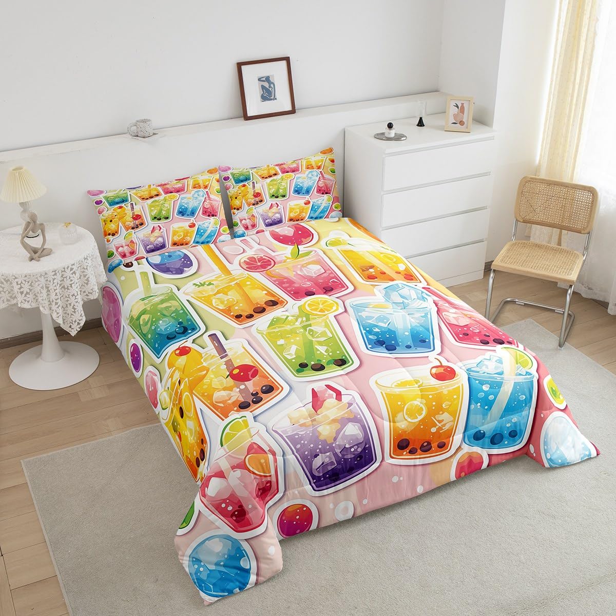 Erosebridal Kawaii Boba Tea Bedding Set Queen Size,Bubble Tea Comforter Set Funny Gifts for Kids Teen Girls,Fruit Print Quilt Bed Set Cute Rainbow Bed Comforter Sets with 2 Pillowcases Room Decor
