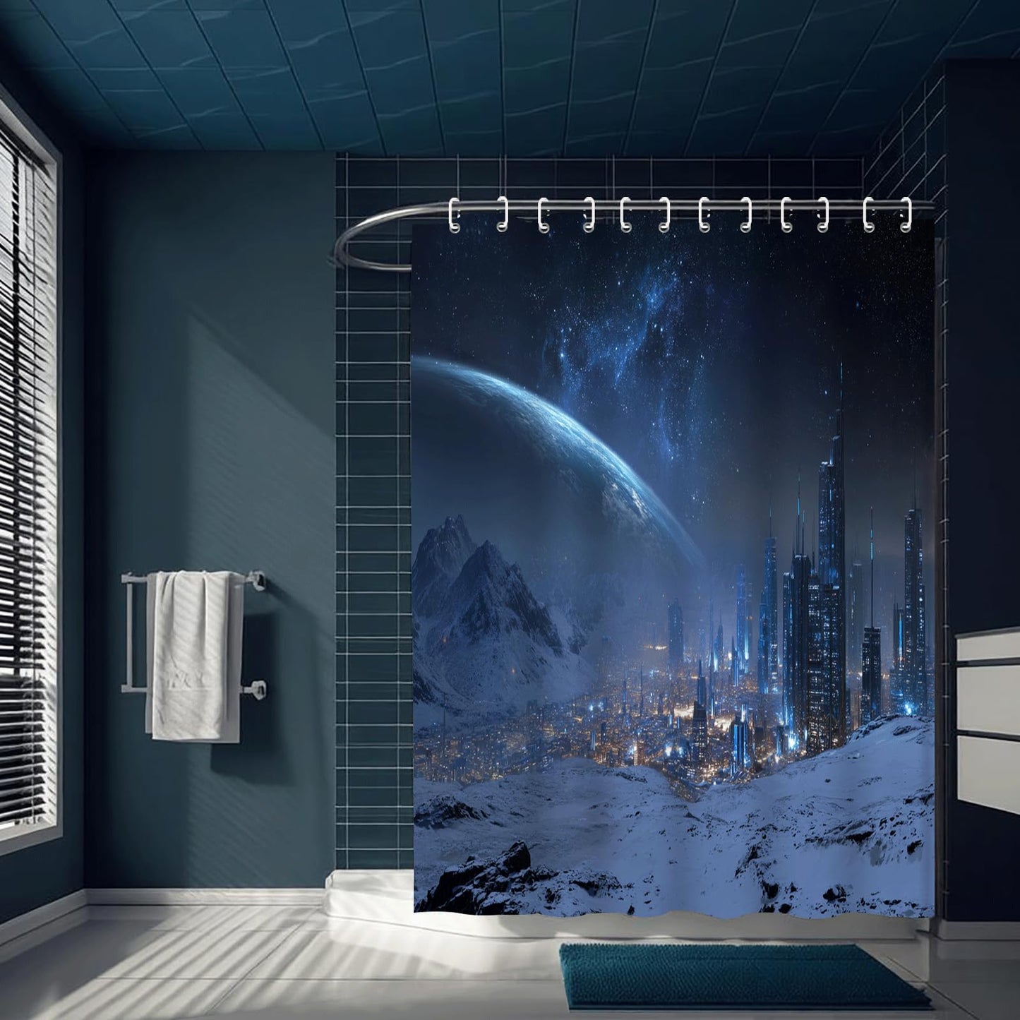 ZROLUW Blue Starry Sky Shower Curtain,48" W x 72" L Snow Mountain City Landscape Shower Curtains for Bathroom, Fabric Bath Curtain Sets Decor with Hooks