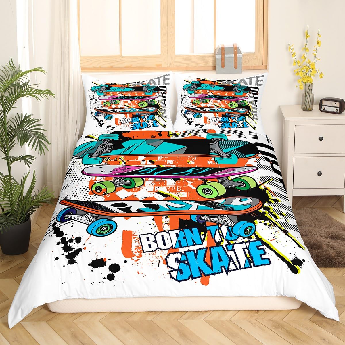 Teens Skateboard Bedding Set Boys Hipster Graffiti Style Comforter Cover for Kids Children Extreme Sports Theme Duvet Cover Cool Skate Board Bedspread Cover Room Decor With 2 Pillow Case Queen Size