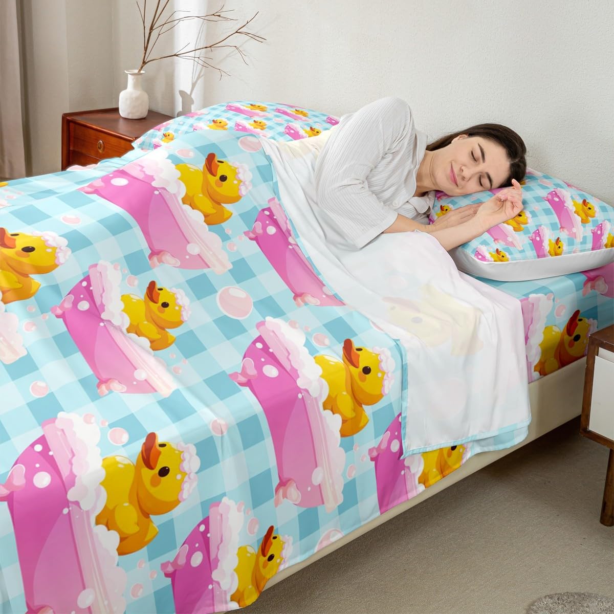 Erosebridal Boys Girls Blue Plaid Bed Sheets Full Size Kids Cute Yellow Duck Flat Fitted Sheet Cartoon Ducks Sheet Set Farmhouse Pet Animal Sheets