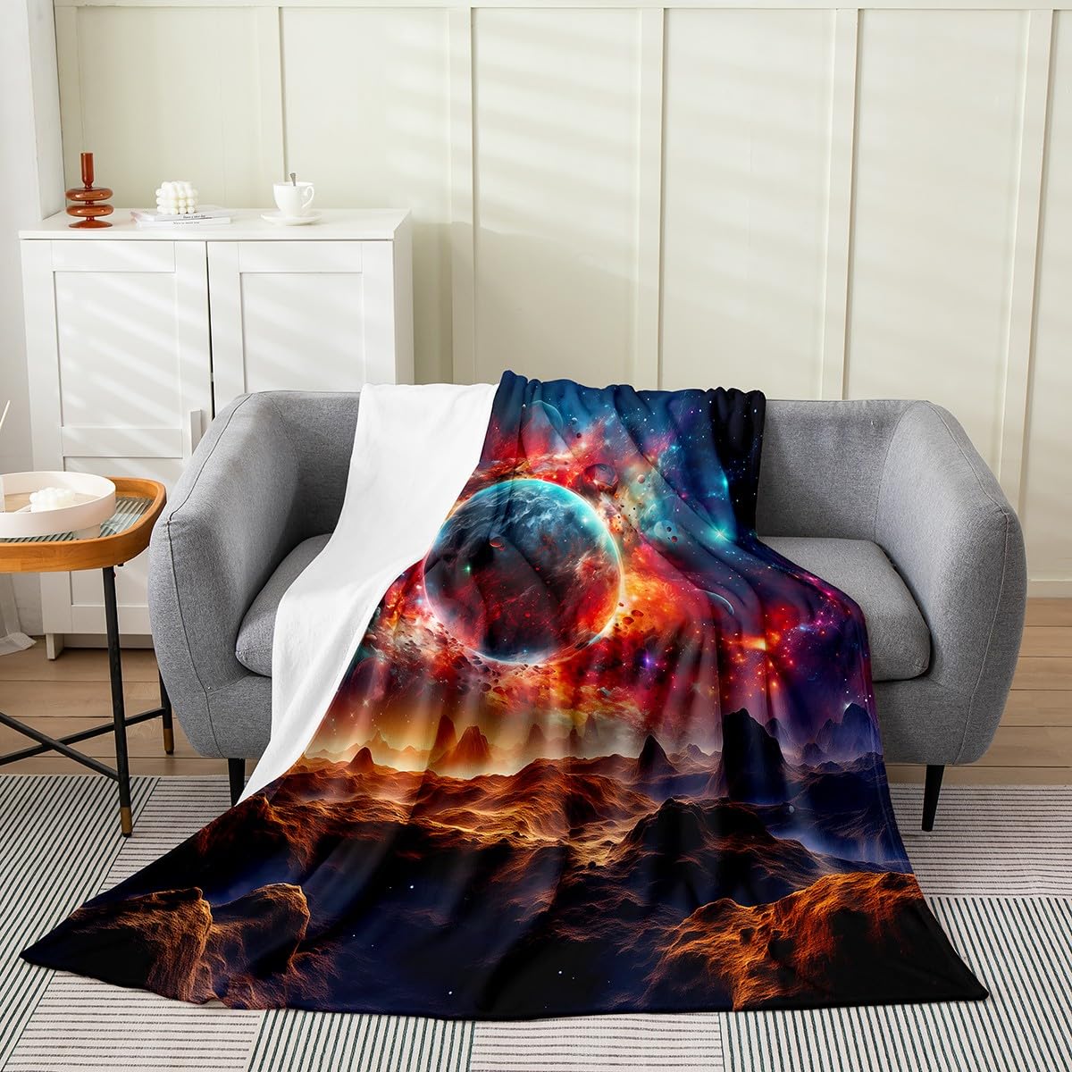 Erosebridal Universe Galaxy Blanket for Adult,Colorful Planet Throw Blanket for Girls,Mountain Fleece Blanket Lightweight,Neon Light Flannel Blanket Twin 60x80 Inch