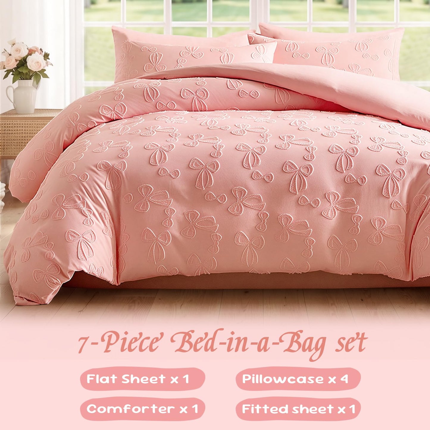 Jameswish 7 Pieces Bow Comforter Set for Girls Kids Pink Tufted Boho Bedding Set Queen Size Farmhouse Bed in A Bag as Gifts (1 Comforter, 1 Flat Sheet, 1 Fitted Sheet, 2 Pillowcase and 2 Pillow Sham)