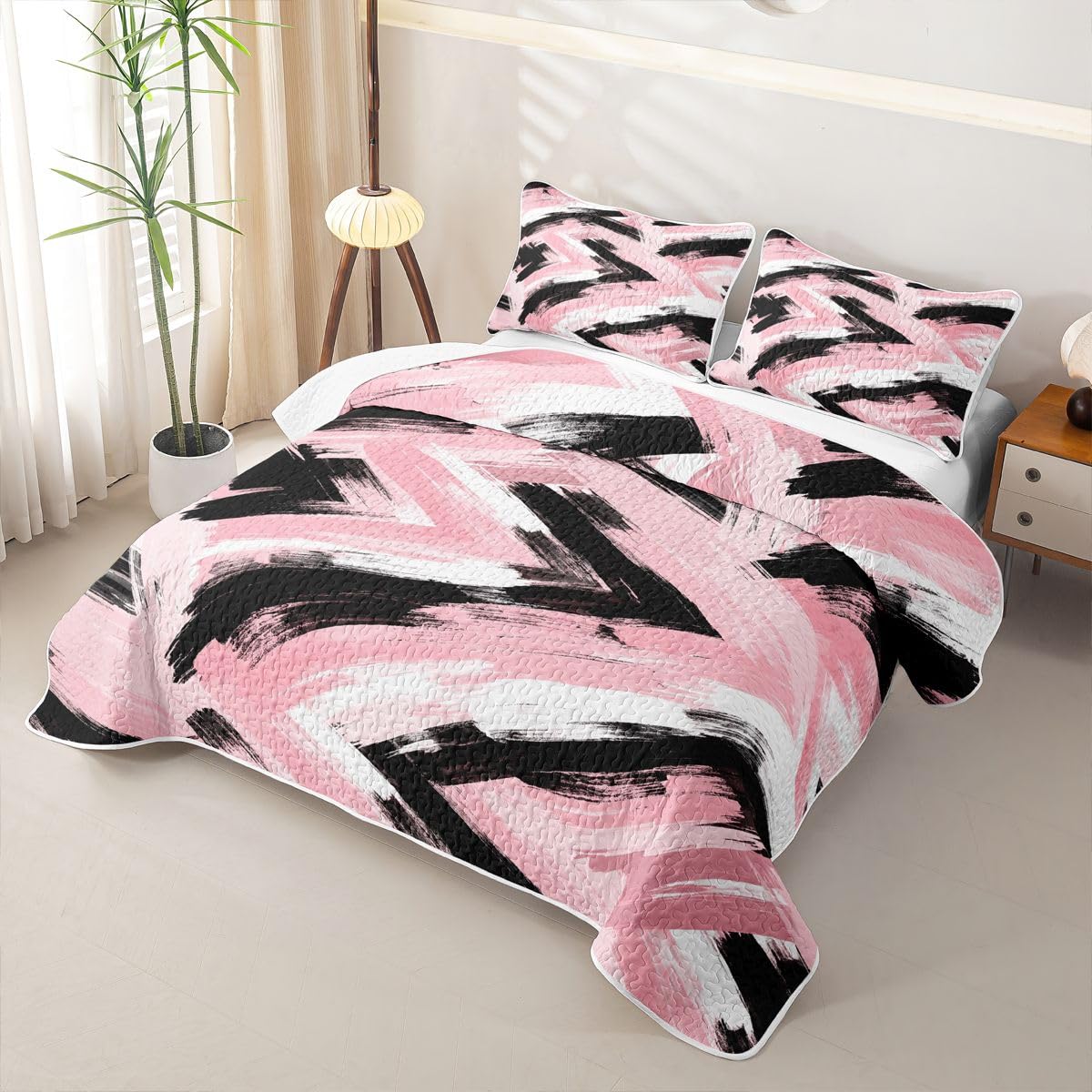 Feelyou Pink Black White Bedding Set Kids Abstract Quilt Sets Queen Size Modern Stripes Bedspread Coverlet for Room Soft Modern with 2 Pillow Case