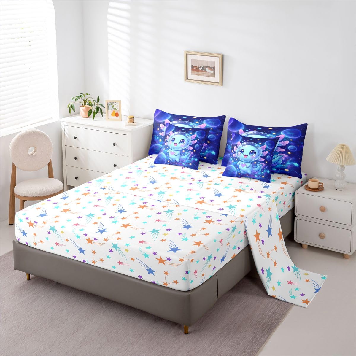 Erosebridal Kids Universe Axolotl Twin Size Bedding Set Boys Girls Cute Axolotl 7 Pieces Comforter Set with Sheets for Teens Purple Blue Starry Sky Bed in a Bag Glitter Stars Print Bed Sets