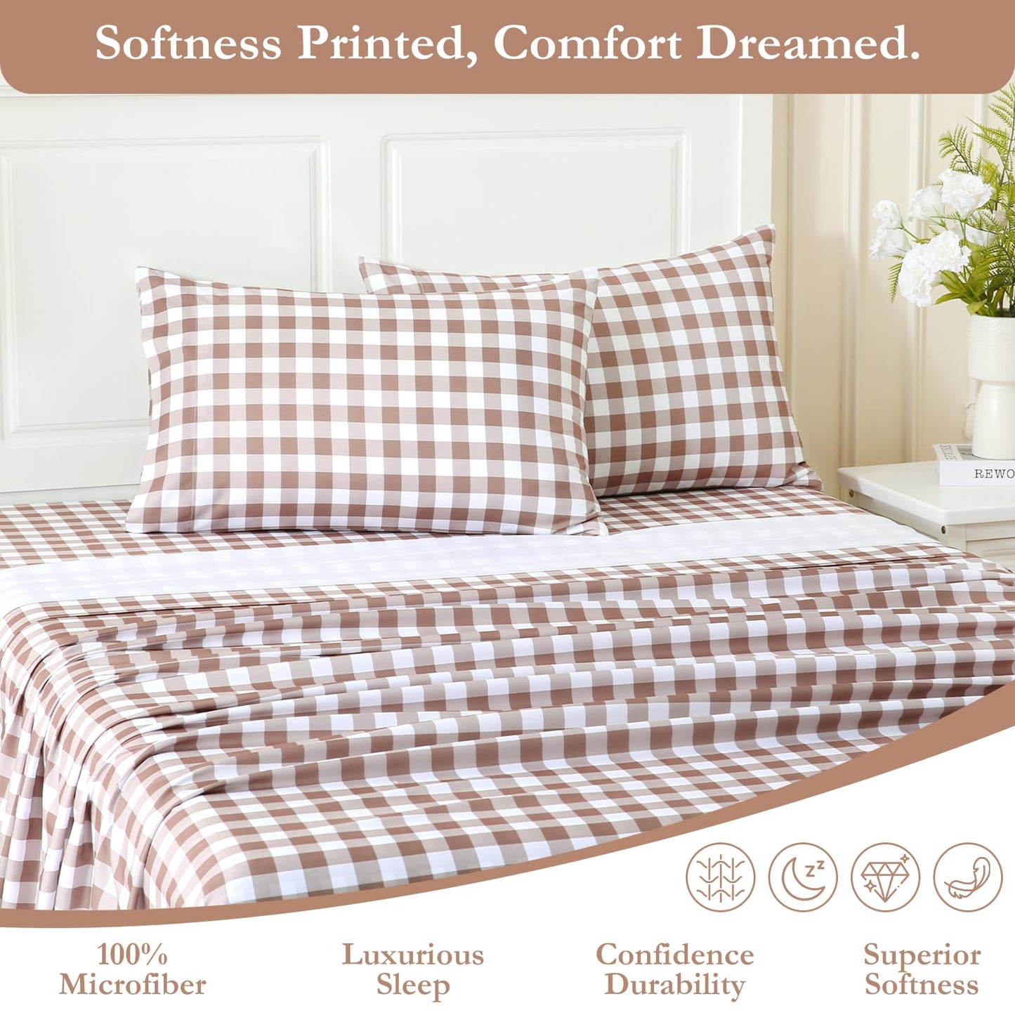 MICORAL Queen Sheet Set Tan Gingham Plaid, 4-Piece Brushed Microfiber Taupe Grid Bed Sheets, 16" Deep Pocket, Ultra Soft & Cooling Sheet, Oeko-TEX Certified, Light Brown
