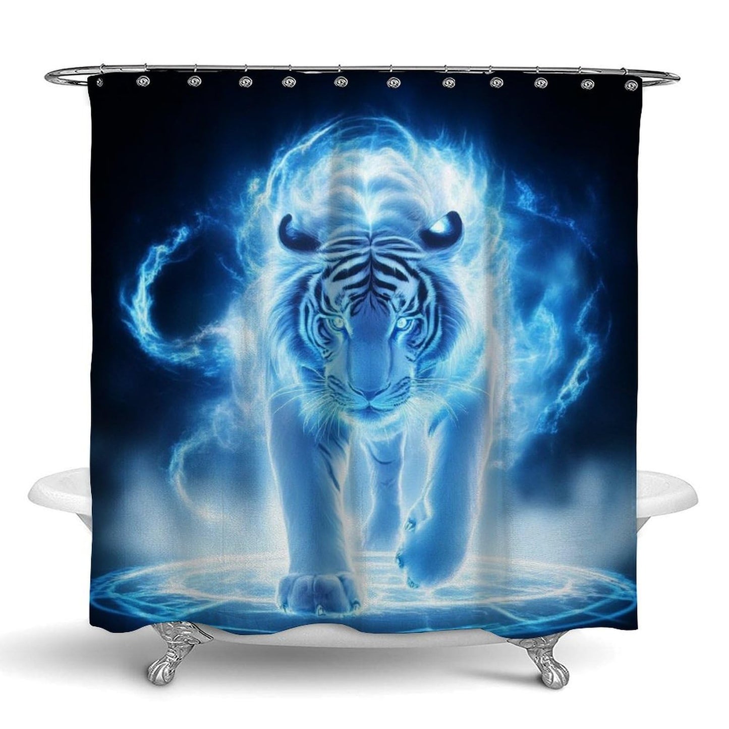 Fashion Hotel Bathroom Decorative Shower Curtain with Hooks, Blue Ice Fire Tiger Art Waterproof Lightweight Shower Curtain