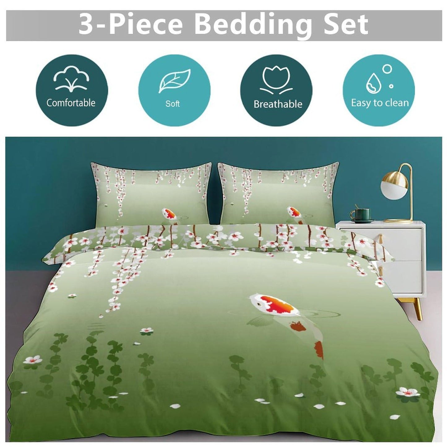 Japanese Koi Fish Bedding Set,Asian Style Traditional Japanese Koi Carp Fish Spring Cherry Blossoms Printed Retro Landscape Green Comforter Set with Pillowcase for Bedroom Bed Decor,Twin 86"x70"