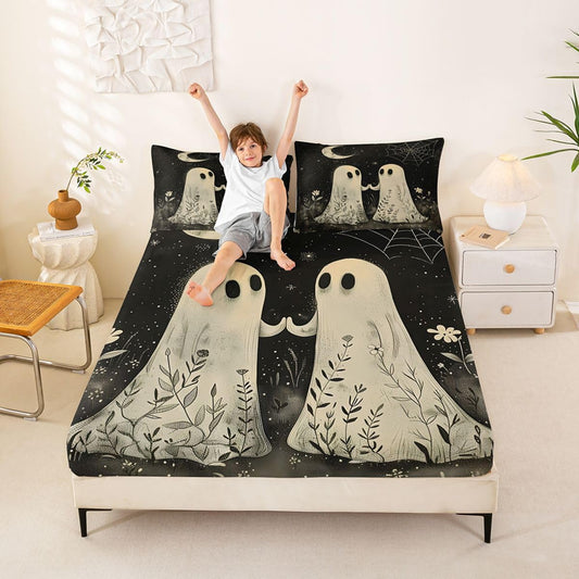 Feelyou Halloween Cartoon Ghost Fitted Sheet Full Size for Kids Boys Girls Goth Bed Sheets Set 16" Deep Pocket Soft Breathable Microfiber Vintage Halloween Decor Bedding with 2 Pillowcases Room Decor