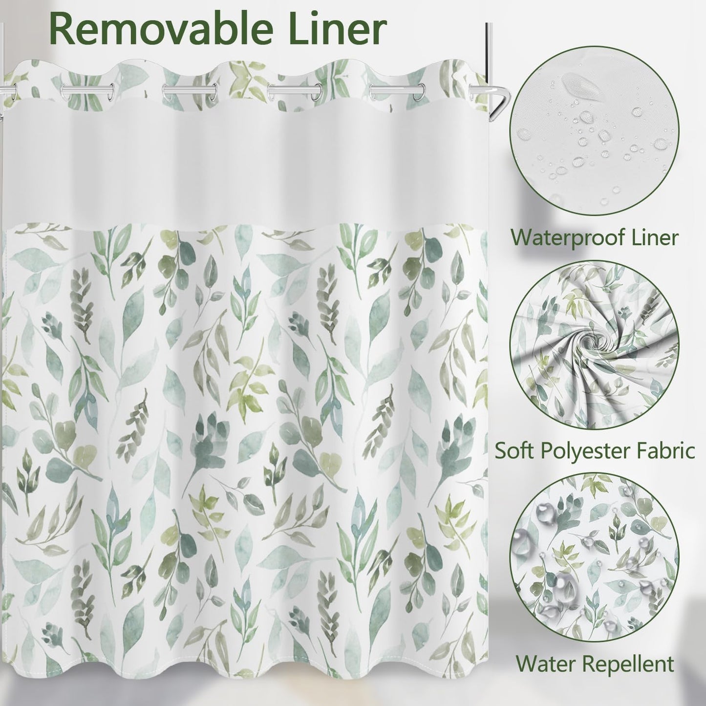 No Hook Shower Curtain with Snap in Fabric Liner Set, Waterproof & Washable, Boho Green Botanical Leaf Floral Shower Curtains for Bathroom, Rustic Modern Hotel Style Plant Bathroom Curtain, 71x74 inch