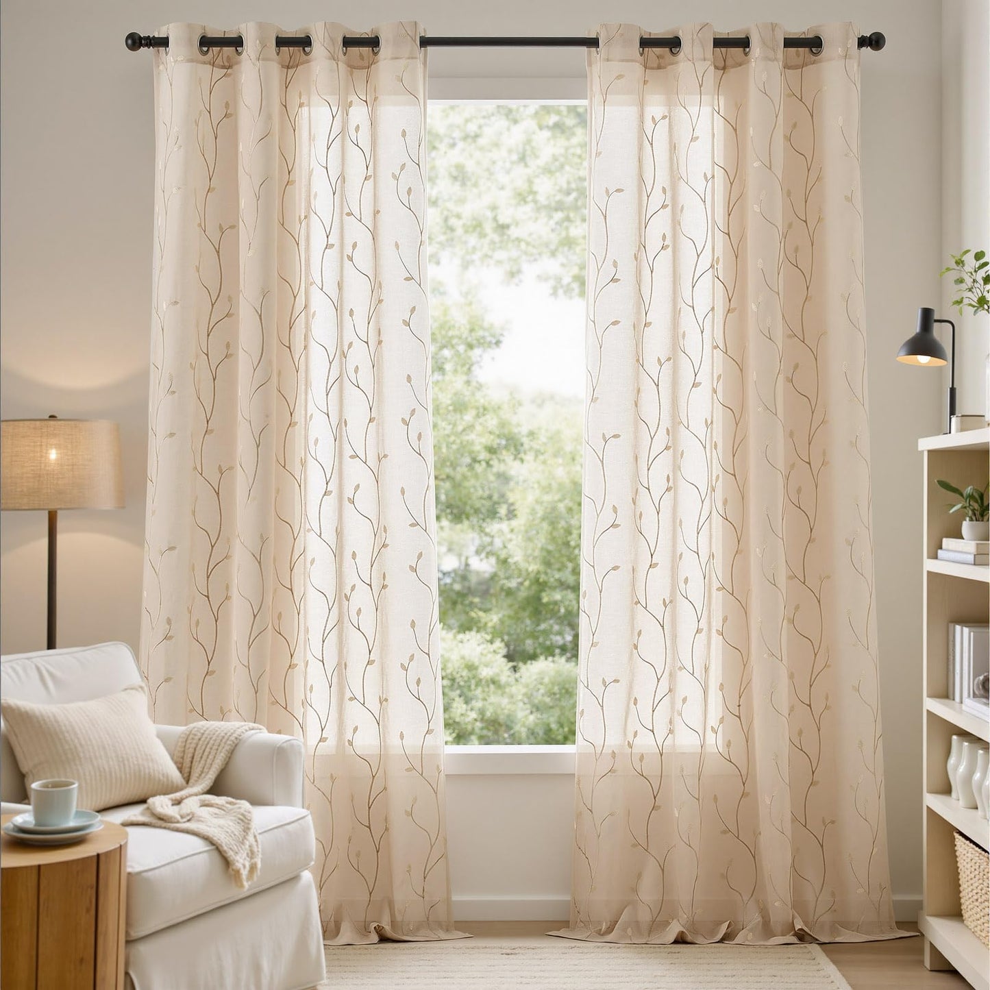 jinchan Sheer Curtains for Bedroom 96 Inch Length Leaf Embroidered Semi Sheers for Living Room Botanical Embroidery Voile Transparent Grommet Window Treatments 2 Panels