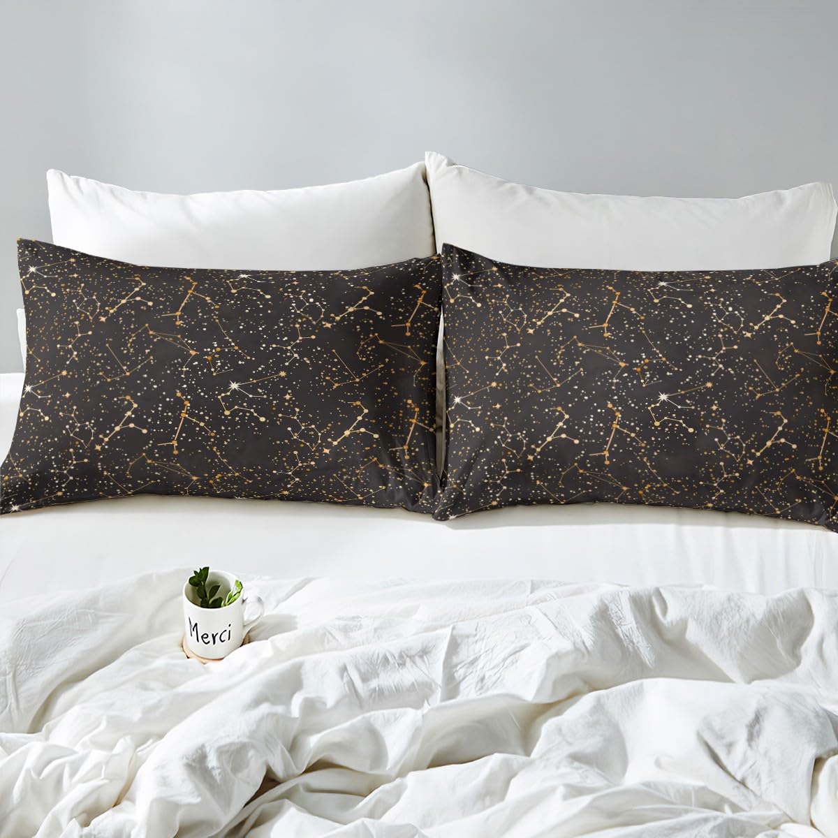 Constellation Theme Fitted Sheet Queen Size Black and Gold Bedding Set Starry Sky Galaxy Sheet Set,Stars and Moon Bed Cover Ultra Soft Breathable Bedspread 3 Pcs for Kids Teens Boys No Flat Sheet