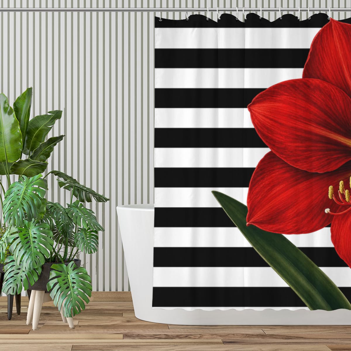 TopPacific Red Amaryllis Stripe Shower Curtain 72x72 Inch Shower Curtain with 12 Hooks Polyester Red Amaryllis Flower Green Leaves Black White Stripes Bathroom Decor