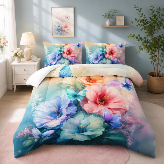 Nttopship Colorful Flower Comforter Set Full Size 3 PCS Bed in a Bag,Cute Floral Butterfly Bedding Set for Girls Teens,Ultra Soft Microfiber Comforter Bed Set with 3-Pieces, Floral Bedroom Decor